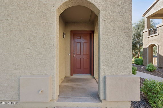 Front view of a house entrance with an arched doorway and a brown front door.