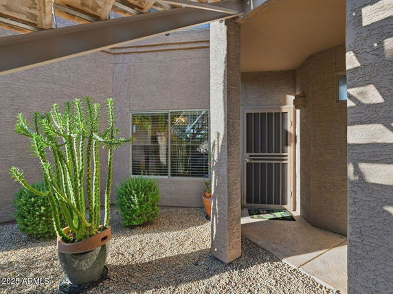 Front view of a house entrance with cactus plants and a security door.