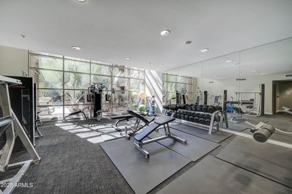 Gym area with various exercise equipment and large windows.