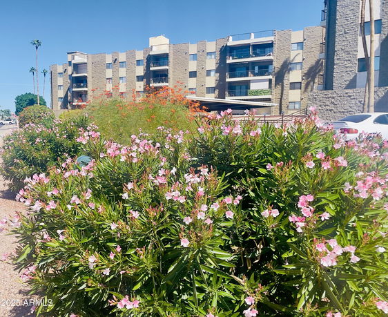 Front view of a multi-story apartment building with textured facade.