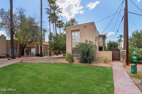 Front view of a two-story building with a modern design.