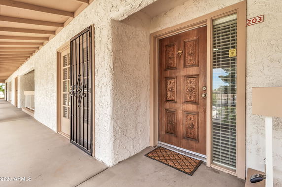 Front view of a building entrance with a wooden door and security gate.