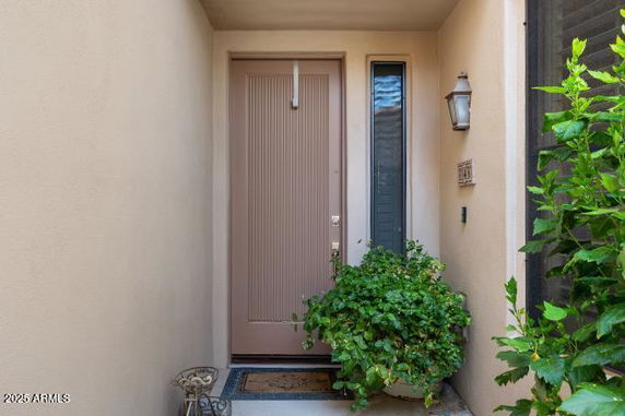 Front view of a house entrance with a single door and a small side window.
