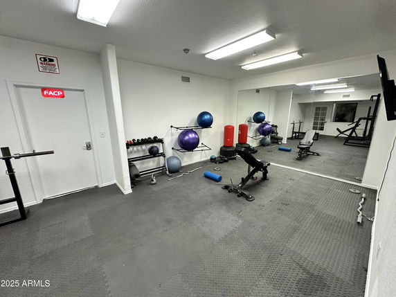 Room with gym equipment including weights, exercise balls, and benches.