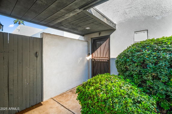 Entrance of a house with a wooden door and a surrounding wall, covered area above and shrubs nearby.