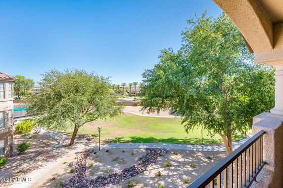 Panoramic view from a building overlooking a park with trees and a walkway.