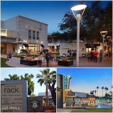 Front view of an outdoor shopping center with various stores.