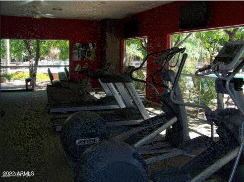 Interior view of a gym area with exercise equipment and large windows.