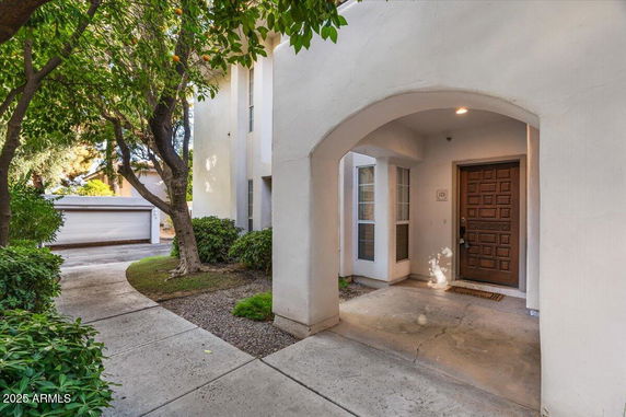 Front entrance of a house with an arched doorway and a wooden door.