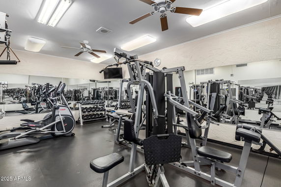 Interior view of a gym with various exercise equipment.