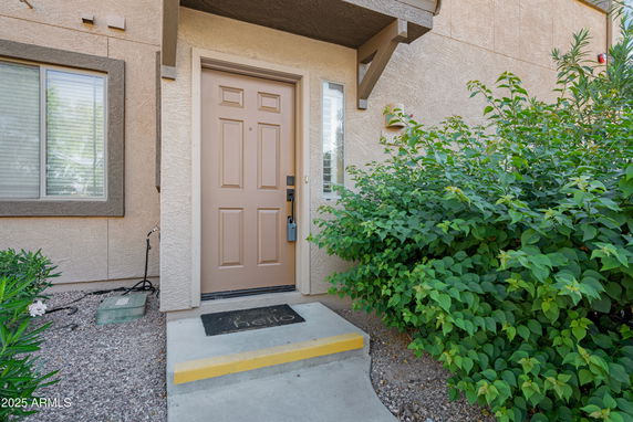 Front view of a house entry with a tan door and surrounding greenery.
