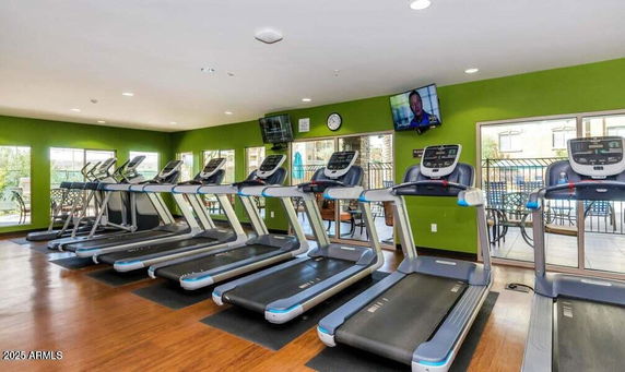 Indoor gym area with treadmills and green walls.