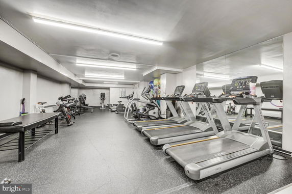Indoors gym area with treadmills and exercise equipment.