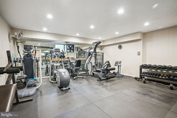 Interior view of a home gym with exercise equipment.