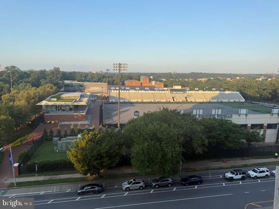 Wide-angle view of a stadium and surrounding area from a higher vantage point.