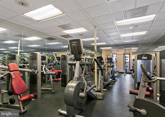 Interior view of a gym with various exercise equipment and machines.