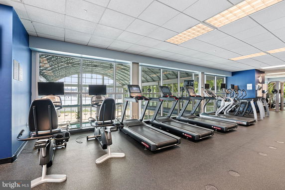 Indoor gym area with treadmills and exercise bikes near large windows.