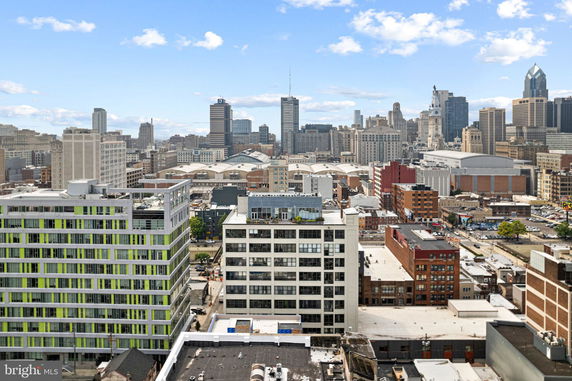 Panoramic view of a city skyline with multiple buildings under a blue sky.