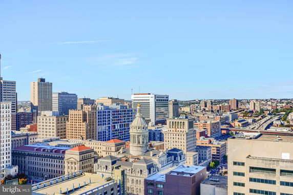Wide-angle view of city buildings and skyline.