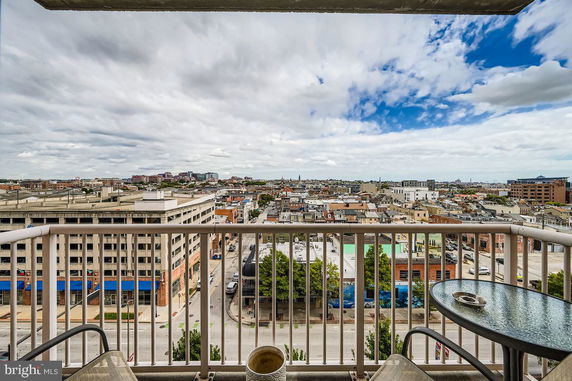 Panoramic view from a balcony overlooking a cityscape with buildings and streets.