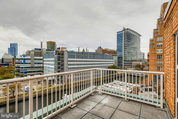 View from a balcony showing several modern office buildings