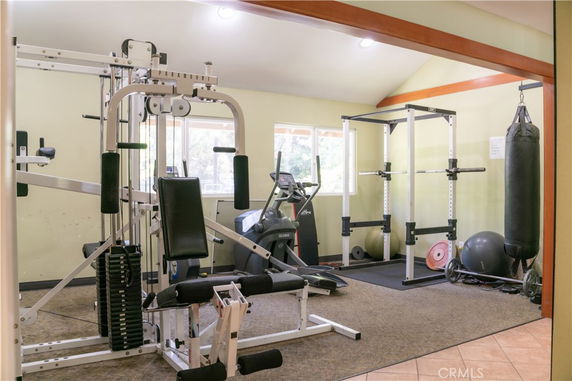 Indoor gym area with exercise equipment including a weight machine, treadmill, punching bag, and exercise balls.