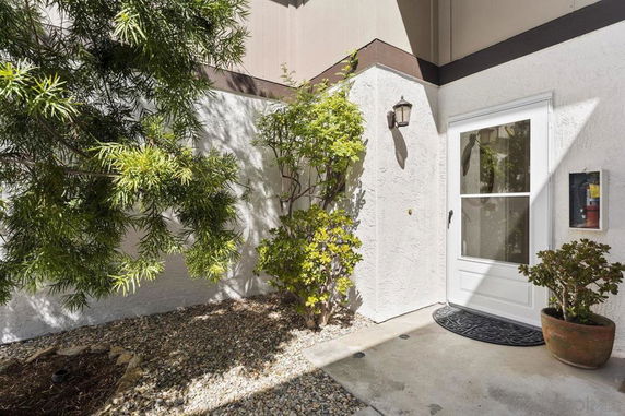 Front view of a house entrance with a white door and surrounding plants.
