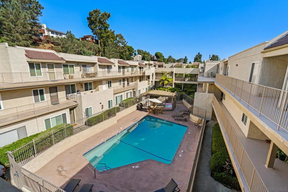 Central area of an apartment complex with a swimming pool.