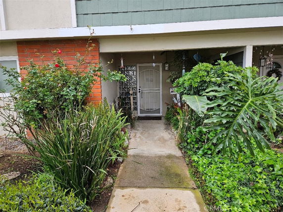 Front view of a house entrance with plants on both sides.