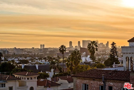 Wide view of city skyline during sunset with palm trees and buildings in foreground.