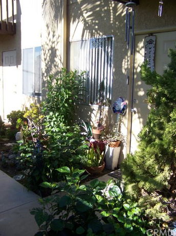 Front view of a building entrance with potted plants and decorative elements.