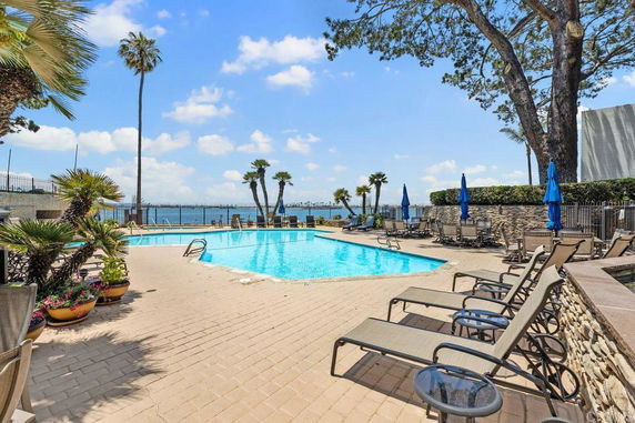 Outdoor swimming pool area with lounge chairs and umbrellas, surrounded by palm trees and a view of the water.