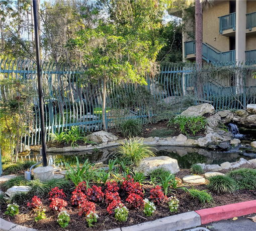Outdoor area with a pond, decorative rocks, plants, and part of a building with balconies.