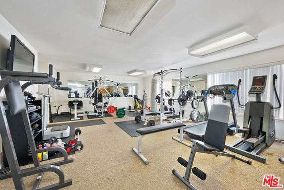Room equipped with gym equipment, including treadmills, weight benches, and exercise machines.