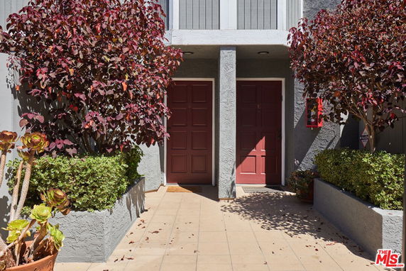 Front view of an entrance with two red doors surrounded by plants.
