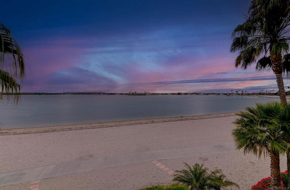 Panoramic view of a beach with palm trees at sunset.