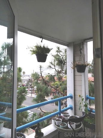 View from a balcony with hanging plants and a street scene below.