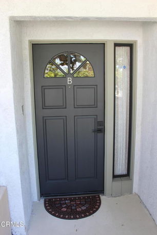 Front view of a house entrance with a dark door and window.