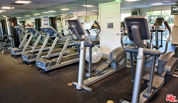 Interior of a gym with treadmills and elliptical machines.
