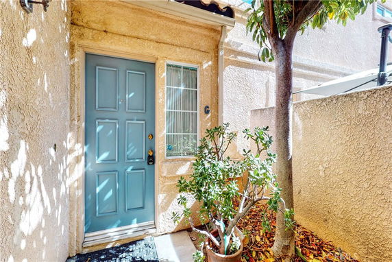 Front view of a house entrance with a blue door and a potted plant.