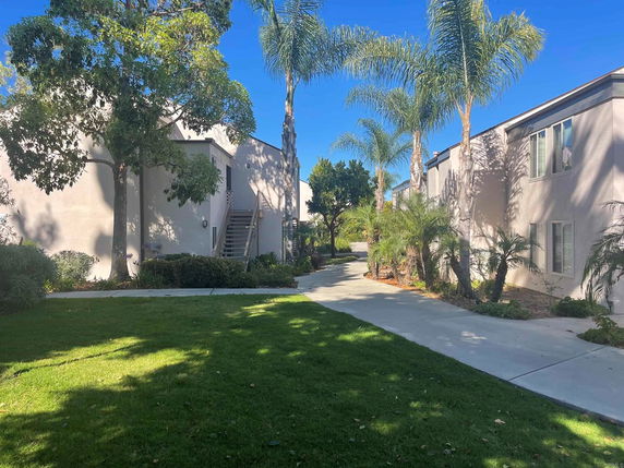 Front view of residential buildings with palm trees and a pathway.