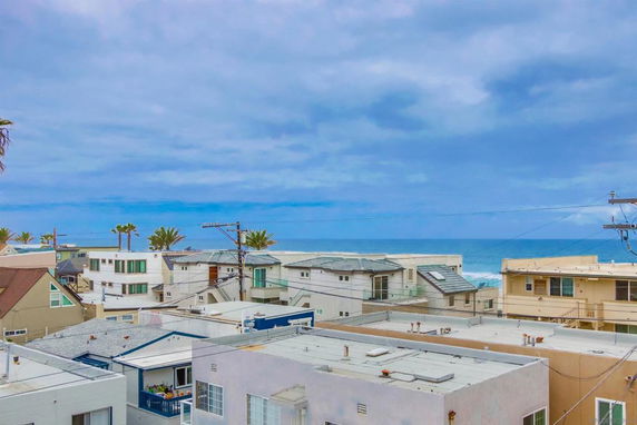 View of residential buildings with a backdrop of the ocean.