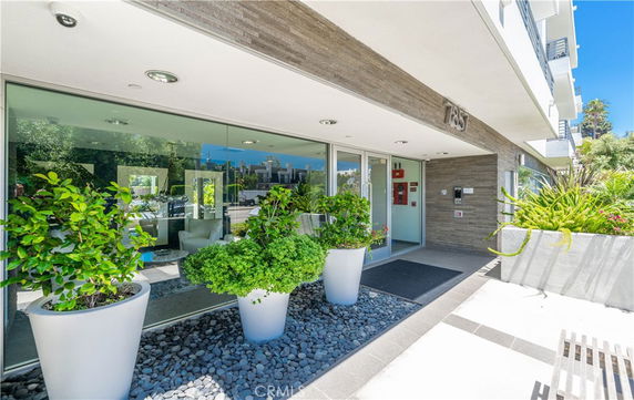 Front view of a modern building entrance with large glass windows and potted plants.