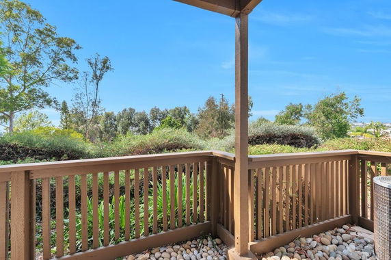 View of trees and landscape from a fenced outdoor area.