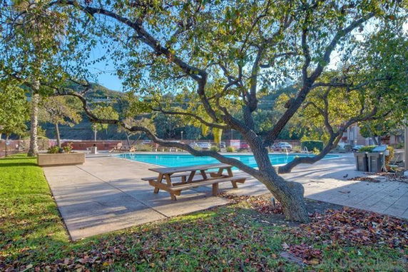 Outdoor swimming pool area with a surrounding patio and picnic table under a tree.