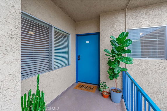 Front view of an apartment entrance with a blue door and potted plants.