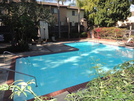 Outdoor swimming pool surrounded by trees and buildings.