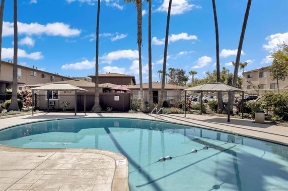 Outdoor swimming pool with surrounding residential buildings and tall palm trees.
