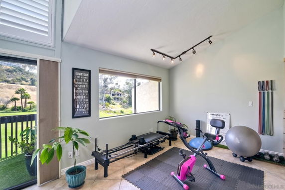 Home gym with exercise equipment and a view of the outdoors.