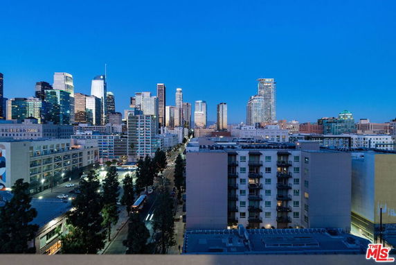 Panoramic view of a cityscape with skyscrapers and urban buildings at dusk.